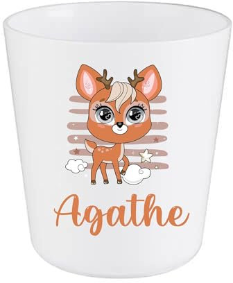 Gobelet Enfant Personnalisé Faon Kawaii – Gobelet Incassable 230ml Sans BPA – Tasse Prénom Crèche ou École – Cadeau Rentrée Scolaire Fille