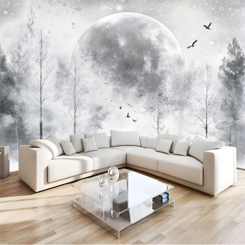 JEDTAKCT Eckfototapete Fototapete 300X210Cm Schneewald Wohnzimmer Schlafzimmer Wandtapete Abstrakter Mond Tapete Uv-Beständig Geruchsfrei Montagefertig