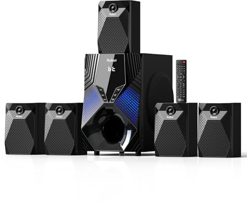 Bobtot Système home cinéma, puissance de crête de 1 000 W, 5 haut-parleurs audio satellites filaires, caisson de basses de 20,3 cm, basses profondes 5.1/2.1 avec entrée HDMI ARC optique Bluetooth AUX