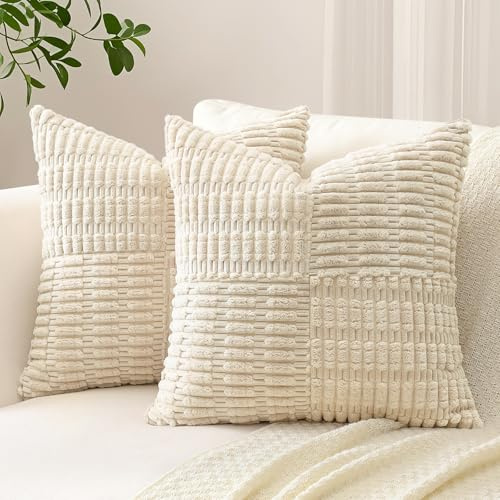 Sungeek 2er Set Cord Kissenbezüge, Kreuz Streifen Muster Kordsamt Kissenbezug Sofakissen Dekokissen Patchwork Design Boho Zierkissenbezüge Deko Kissenhülle für Wohnzimmer (50x50cm, Beige)
