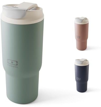 MONBENTO – Travel Mug L Green Natural Insulated Coffee Mug – 360 ml Tumbler with Straw and Lid – Keeps Drinks Hot/Cold – Dual-Opening Lid Stainless Steel Bottle – Perfect for Iced or Warm Coffee/Tea