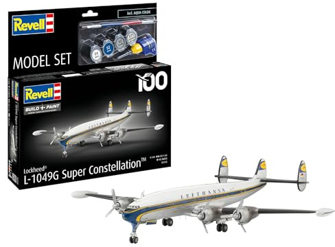 Revell Model Set Lockheed L.1049G Super Constellation Lufthansa | Modellbausatz 1:144 mit 150 Teilen | inkl. Farben, Kleber und Pinsel | historisches Lufthansa Flugzeug