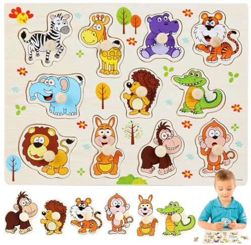 VAEIORP 1 Pcs Puzzle in Legno – Gioco Educativo con Animali della Giungla, per Bambini e Bambine, Giochi in Legno per Bambini 1 Anno, 2 e 3 Anni