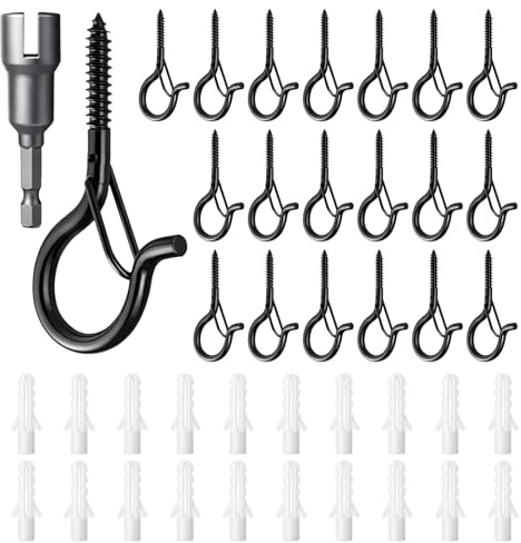 Ganchos de Tornillo con Hebilla de Seguridad y Llave de Vaso Tipo Q | 20 Piezas Alcayatas Roscadas de Acero Exterior, Ganchos de Techo para Colgar Luces, Plantas, Jaulas, Decoración Negro
