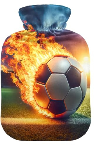 Football on Fire Hot Water Bottle with Soft Velvet Cover Hot Water Bag for Hot and Cold Compress Medium