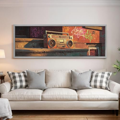 Vintage Boombox Graffiti-Gemälde, breite Panorama-Leinwand, langes schmales Kunstwerk, großes Retro-90er-Jahre-Hip-Hop-Wanddekor (45 x 135 cm/Innenrahmen)