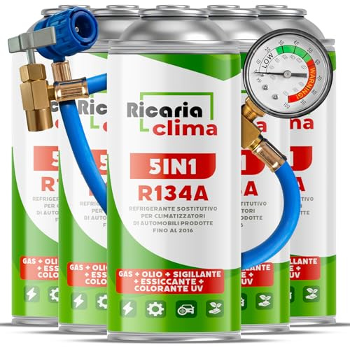 Ricaria Clima - 5in1 - Air Conditioning Recharge R134a x5 + Hose, 235g per Can, for Car Air Conditioning, Containing Oil, Sealant, UV Dye and Desiccant – Protects the Compressor