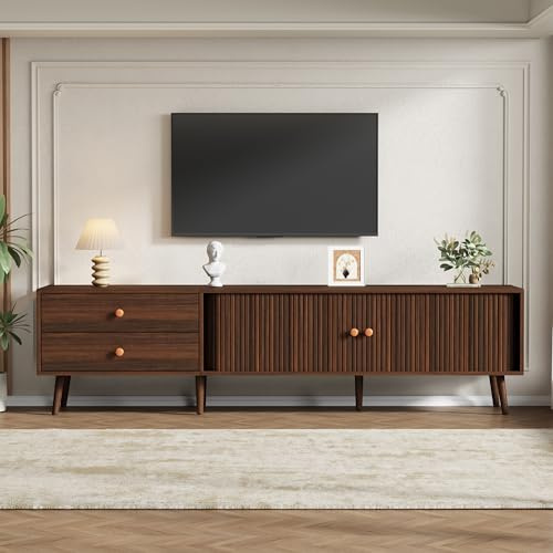 Merax 180cm TV Stand for up to 80 Inch TVs, Walnut TV Cabinet with Roller Shutter Doors, 2 Drawers & Storage Cabinets, Media Entertainment Unit with 7 Legs for Living Room Bedroom