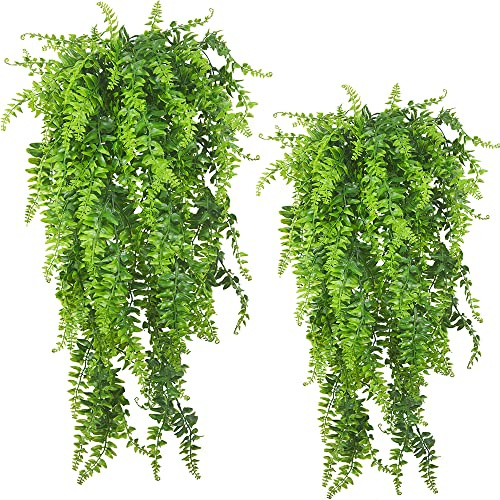 Künstliche Pflanzen Reben Farne Persischer Rattan Gefälschte hängende Pflanze Faux hängend Boston Farn Blumen Rebe Draussen UV-beständige Kunststoffpflanzen zum Wand Hängende Körbe Dekor-2Stck
