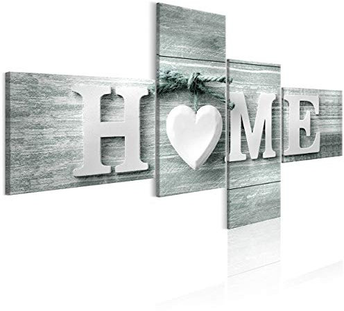 decomonkey Bilder Home 200x100 cm 4 Teilig Leinwandbilder Bild auf Leinwand Vlies Wandbild Kunstdruck Wanddeko Wand Wohnzimmer Wanddekoration Deko Haus Holz Herzen Vintage Retro