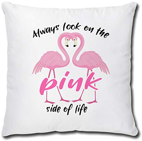TRIOSK Kissen Flamingo Always Look on The Pink Side, Geschenk Frauen Freundin Dekokissen Bezug inkl. Füllung Reißverschluss, Weiß Rosa, 40x40 cm
