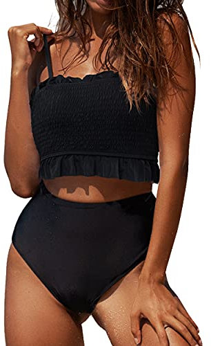 RXRXCOCO High Waisted Bikini Set for Women Strapless Bikini Bandeau Ruffled Bikini Padded 2 Piece Size L=UK 12-14 Black