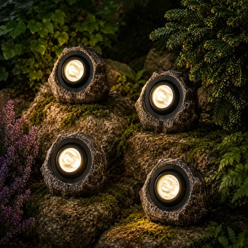 Garden Mile Set of Four 3L Rock Solar Lights Super Bright Solar Powered Rock Effect Spotlights Outdoor Pathway Lighting Driveway Lights Outdoor Garden