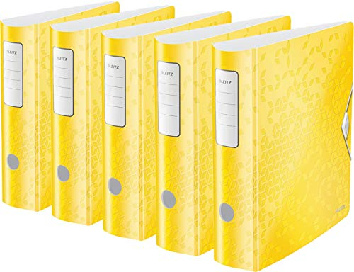 Leitz Qualitäts-Ordner 180° Active WOW, A4, 80 mm Rückenbreite, Gummibandverschluss, Leichtes Polyfoam, WOW (5er Pack) Gelb