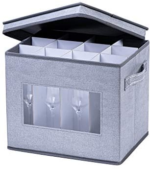 VENO Champagne Flute Glass Storage Box with Lid and Handles, Moving Boxes for Glasses, China Organizer Container, Glassware Holder, Dividers for 12 Glasses