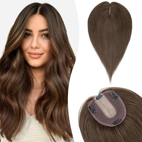 Silk-co Topper Extensions Haarteile Echthaar Clip in Extensions Echthaar Weich Natürlich Glatt Toupet Haarverlängerung 7A Remy Haare 10x12cm Basis 25cm-35g 02# Dunkelbraun