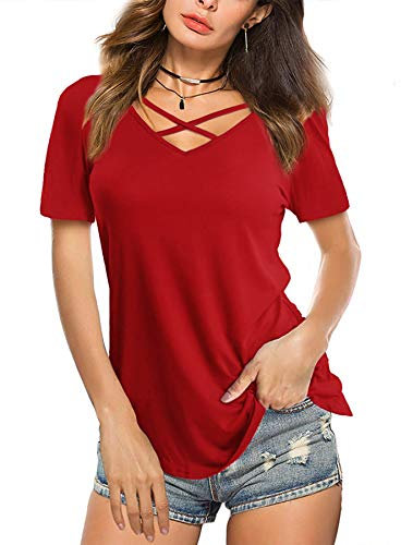 Beluring Gekreuzter V-Ausschnitt Kurzarm T-Shirts Oberteile Casual Criss Cross Shirts Elegant Rot L