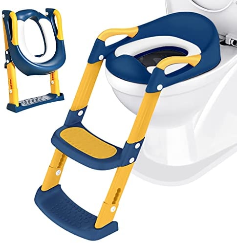 Kinder WC Toilettensitz für Kleinkinder: Töpfchen Toilettentrainer mit Treppe für Jungen und Mädchen Baby - Toilette Höhenverstellbar und Klappbar Reise-Badezimmersitz mit Spritzschutz Griffe | Blau