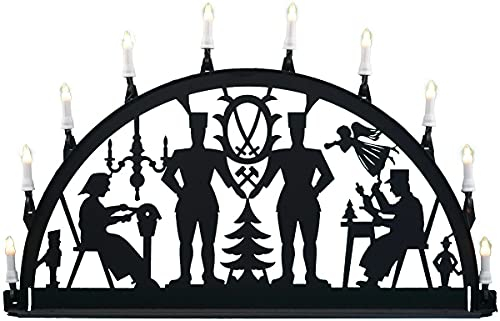 Metallschwibbogen Bergmänneraus Aluminium inkl. Lichterkette mit 10 Kerzen und Erdspießen, Pulverbeschichtet in RAL 9005 (schwarz) BxH 100x50cm NEU Schwibbogen Leuchterbogen Lichterbogen