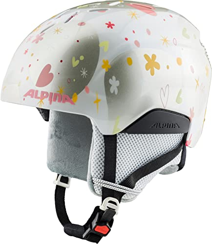 ALPINA PIZI - Leichter, bruchfester & individuell anpassbarer Skihelm für Kinder, mit abnehmbaren Ohrenpolstern - pearlwhite-Hearts Gloss - M (51-55 cm)