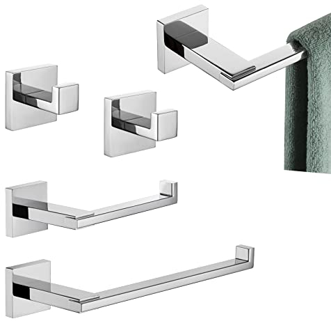 KOKOSIRI 5-Piece Bathroom Hardware Set Bath Accessories, 24'' Towel Bar 9'' Towel Holder Toilet Paper Holder Robe Hooks Wall Mounted, Polished Chrome Stainless Steel B12A5-CH