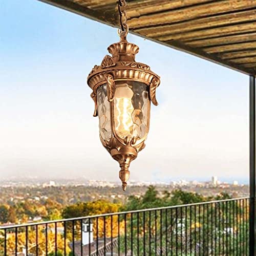 Vintage Aussen Hängeleuchte Gold E27 Lampe aus Aluminium-Guss Glas Retro Pendelleuchte Außenleuchte Wasserdichte Pendellampe Decken Hängend Leuchte Trauben Rahmen Patio Droplight Laterne Veranda