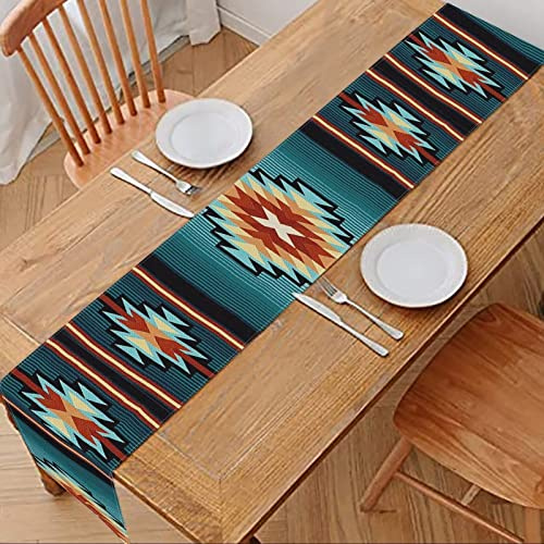 Jiueut Türkiser Tischläufer, südwestlicher Azteken-Indianer, Küchentischläufer, Tischdecke, weich, rutschfest, Esstisch-Dekoration für Hochzeiten, Familienfeiern