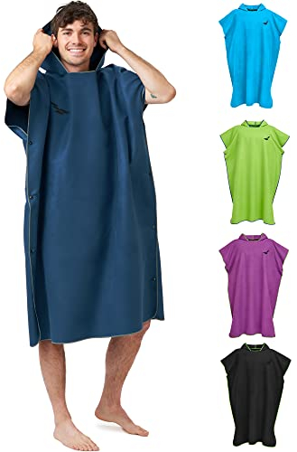 Fit-Flip Strandponcho für Surfer - Poncho Handtuch schnelltrocknend aus Mikrofaser - Umkleidehilfe Strand - Surfponchos Ultraleicht - Badeponcho für Erwachsene (Größe L, Marineblau/Grau)
