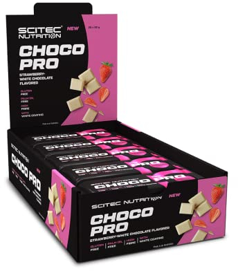 Scitec Nutrition Choco Pro - Barre protéinée sans gluten - 14 g de protéines par tranche - Source de fibres - Sans huile de palme, 20 * 50 g, Fraise-Chocolat blanc
