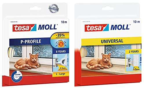 tesamoll P-Profil Gummidichtung - Selbstklebende Dichtung - Weiß - 10 m x 9 mm x 5,5 mm & moll Universal Schaumstoff - Schaumstoffdichtung zum Isolieren von Spalten - Weiß - 10 m x 9 mm x 5,5 mm