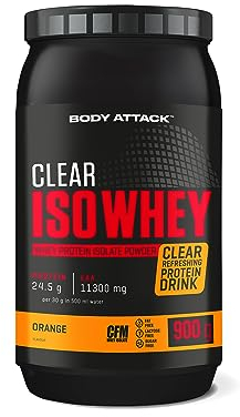 Body Attack CLEAR ISO WHEY - Orange Flavour - 900g - Made in Germany - Erfrischendes, klares Whey Protein Isolat - 24 g Protein und 11.400 mg EAAs* pro Iso Whey Shake, zucker-& fettfrei