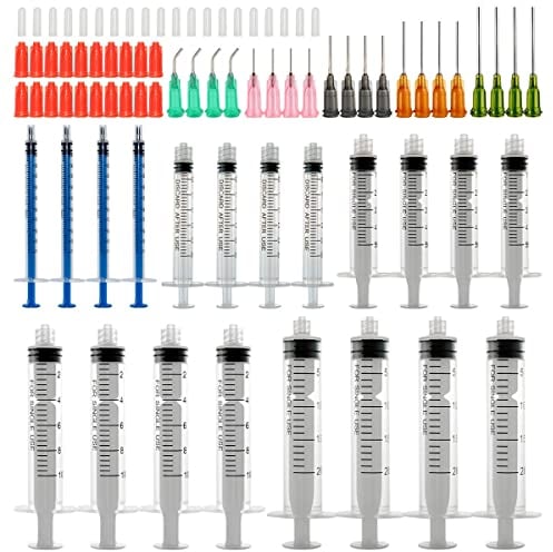 Spritzen Set mit stumpfen Nadeln, 1ml, 3ml, 5ml,10ml, 20ml mit 14g, 15g,16g, 18g, 20g stumpfen Nadeln und Spritzen-Kappe für DIY Craft Nachfüllkleber, industrielle Anwendungen (20 Stück)