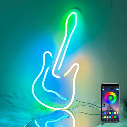 Gaoxun Gitarre Neonschild USB Powered, 40x19 cm LED Neonlicht Dimmbar, App Steuerung, Music Sync, Neon Zeichen für Wand Raum Dekor Schlafzimmer Bar Club Party Hochzeit Geburtstag Geschenk (Mehrfarbig)