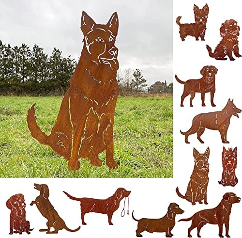 Gartenfigur Hund Schäferhund sitzend groß 80x46cm Gartenstecker Edelrost Gartendeko Wetterfest Rost Metall Rostfigur Hunde Figur Tier von Steinfigurenwelt