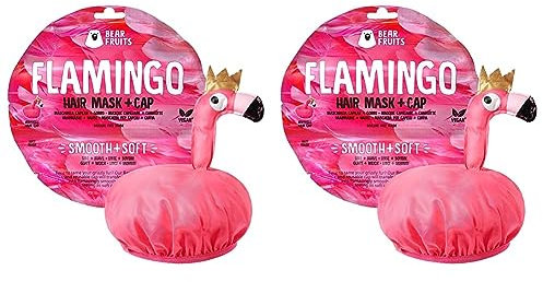 Bear Fruits Flamingo Glatt + Weich Haarmaske mit Haube, 20 ml (Packung mit 2)