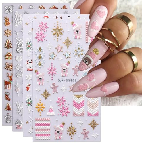 3D Christmas Nail Stickers, 4 Sheets 5D Self-Adhesive Embossed Nail Decal Snowflake Nail Art Decoration Design Supplies for Kids Girls Holiday