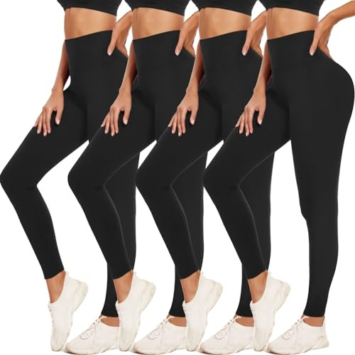 ACTINPUT 4 Pack Leggings for Women Black High Waist Tummy Control Leggings Ladies Buttery Soft Workout Gym Yoga Pants Slim Tights Regular&Plus Size(S-M)