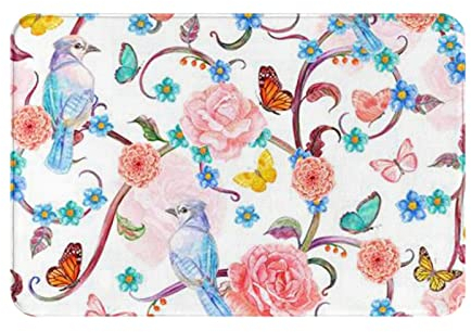 VANANI Romantischer, ausgefallener Teppich, Motiv: Blumen, Vögel, Schmetterling, rutschfest, leicht zu reinigen, geeignet für Haustür, Garagentor, Hintertür, Schlafzimmer und Küche. 40 x 60 cm