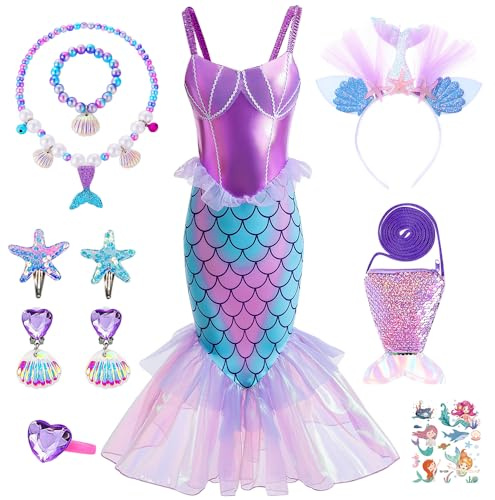 YYDSXK Meerjungfrau Kostüm Mädchen, Prinzessin Arielle Kostüm Kleid mit Meerjungfrau Halsketten Set, Ariel Kostüm Kinder Geschenke für Mädchen, Meerjungfrau Kleid für Cosplay Karneval Party (120)