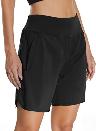 Mesing Pantaloncini Sportivi Running Donna a Vita Alta Pantaloni Corti Palestra Allenamento Corsa Traspirante Sport Shorts con Slip Interni e Tasche Posteriori con Cerniera Nero XL
