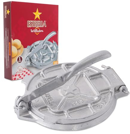 Estrella (7.5 inch) Cast Iron Tortilla Press and Tostonera, Perfect for Mexican Food, Tortillas, Burritos, Quesadillas, Empanadas, and Sopes, Prensa Para Tortillas, Silver Finish
