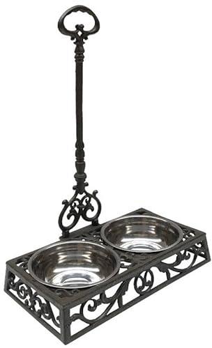 L'Héritier Du Temps Gamelle Chien-Chat Double Abreuvoir sur Pied en Fonte Marron et INOX 22x41,5x60cm