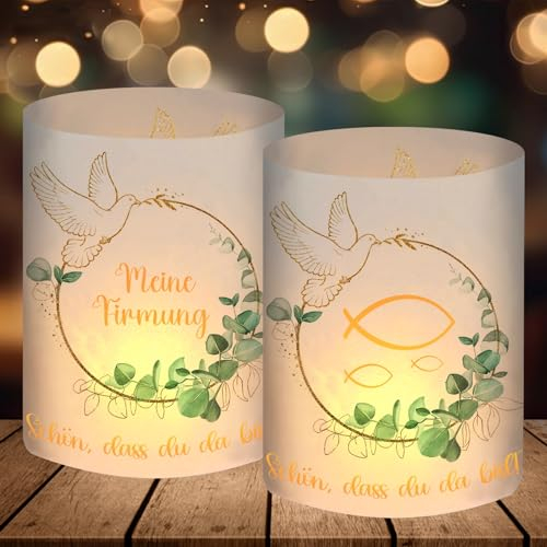 12 Windlicht Tischdeko, Meine Firmung Deko Eukalyptus Grün, Firmung Deko Junge Mädchen Geschenke Gastgeschenke, für Teelichter oder Kerzen