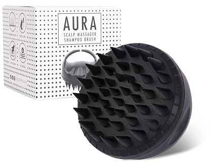 AURA Silikon Kopfhaut Massagebürste mit ergonomischem Griff – Für entspannende Kopfmassage mit Shampoo, weich und hautfreundlich, ideal für empfindliche Kopfhaut (Black)