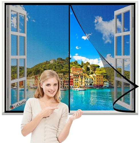 Magnet Fliegengitter Fenster 100x95cm Schwarz mit starkem Magnet Einfache Montage Ohne Bohren für Flure/Türen/Fenster