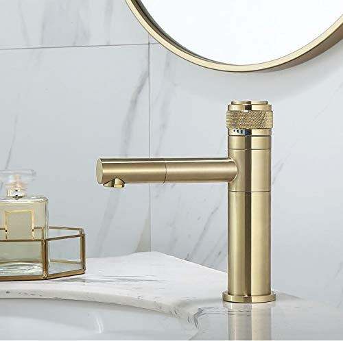 BIANBHUO Badezimmer-Wasserhahn, Druckknopf-Wasserhahn, gebürstetes Gold, Waschbecken-Wasserhahn, Kalt- und Warmwassermischer, Waschbecken-Wasserhahn, Messing, Deckmontage, Chrom-Badezimmer-Wasserhahn