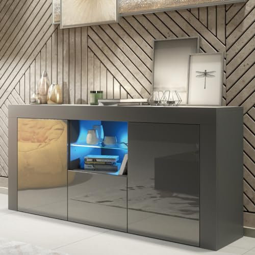 Creative Furniture Sideboard 145cm Dark Grey Modern Stand Gloss Doors Free LED