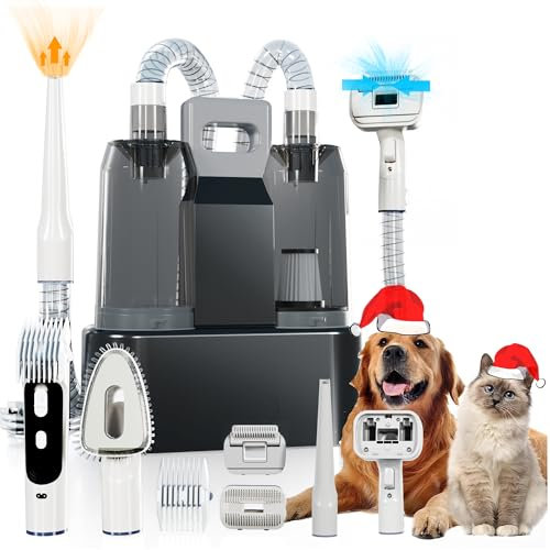 FOTING Kit aspirateur et séchoir 6 en 1 pour chien - 2,1 L - Double tasse à poussière - 10 000 pa - Aspirateur pour chien - Pour toilettage de perte de poils - Outil de brosse pour chien à la maison