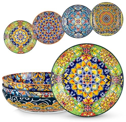 vancasso, Série SIMI, Lot de 4 Assiettes Creuses en Porcelaine 1260 ml, Bols à Pâtes, Assiettes à Pâtes, Grands Bols à Salade, Compatibles avec Lave-vaisselle et Micro-ondes, Style Bohème Multicolore