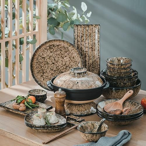 LKJOZCR Juegos de vajilla con Esmalte de Leopardo, Juegos de Platos y Cuencos creativos japoneses, Juego de Platos para 8 Personas para 2, 6 o 10 Personas, Apto para microondas y lavavajillas(37Pcs)